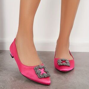 Pink Satin Flats with Embellished Buckle, size 7